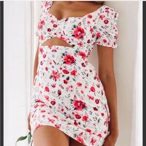 Beginning Boutique Floral Cut-Out Mini Dress - White and Red